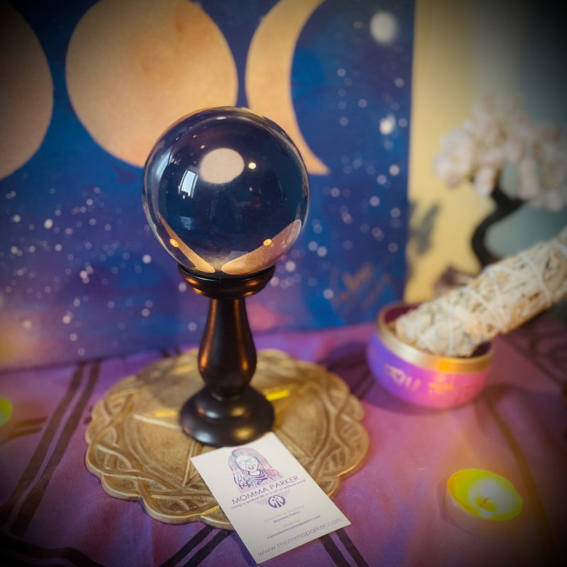 Grey Glass Crystal Ball And Wooden Stand