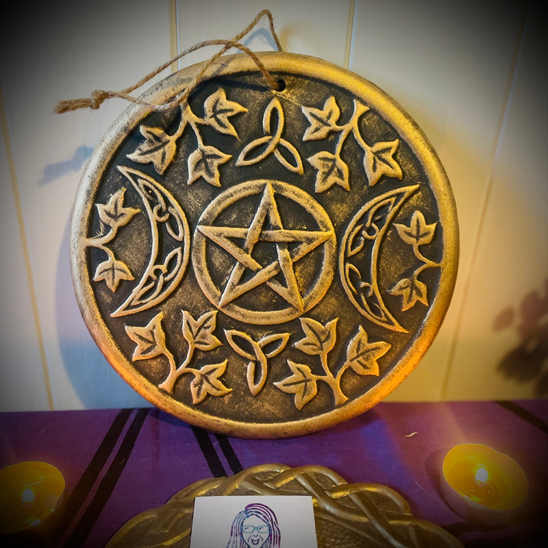 Pentagram Triple Moon Terracotta Copper Effect Plaque Artwork By Lisa Parker