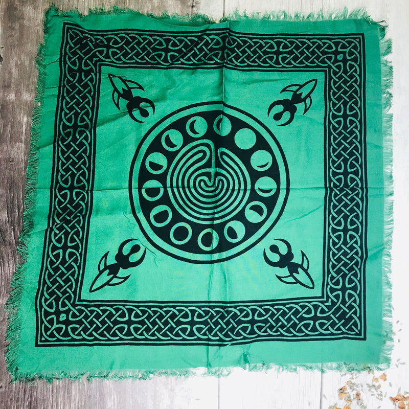 Green Moon Phase Spiral Goddess Altar Cloth With Fringe