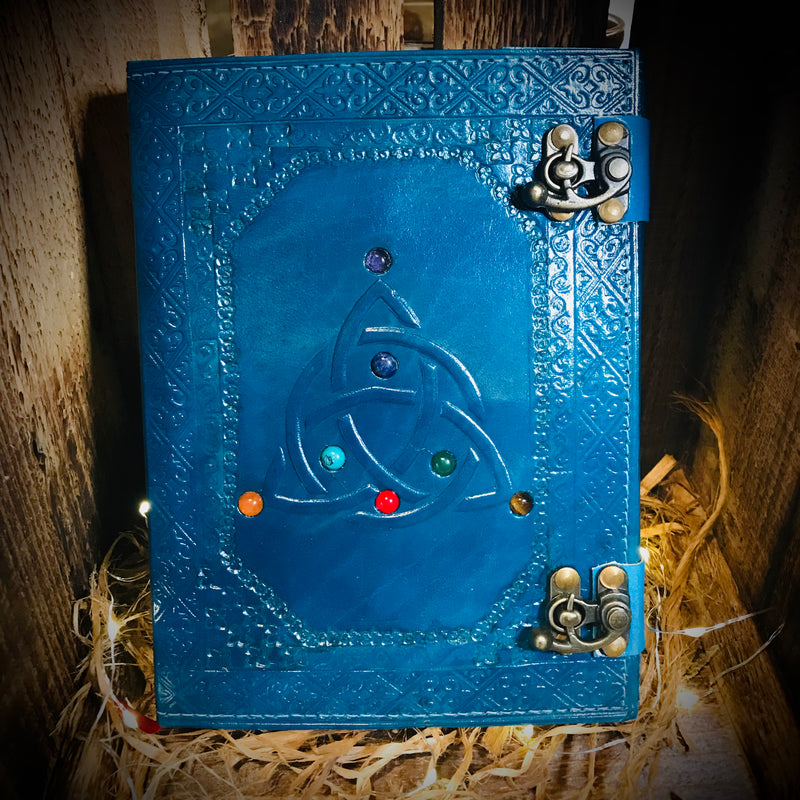 Blue Triquatra And Crystal Handmade Leather Journal Book Of Shadows