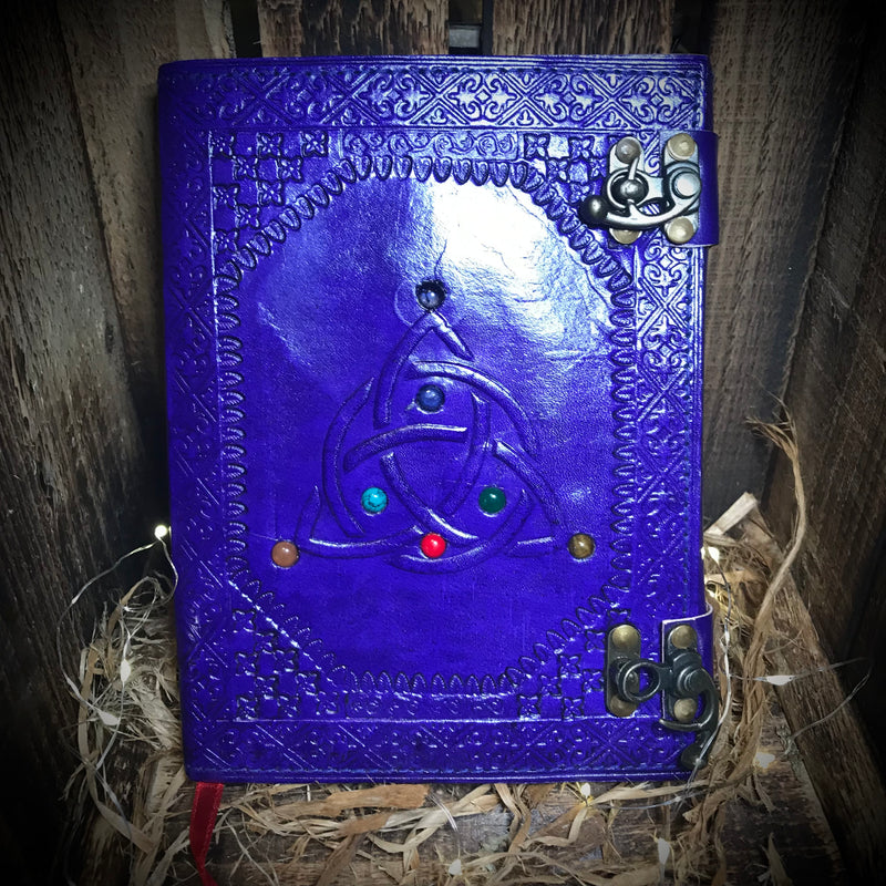 Purple Triquatra And Crystal Handmade Leather Journal Book Of Shadows