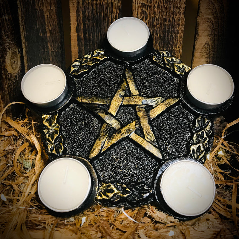Black And Gold Pentagram Altar Plate Candleholder